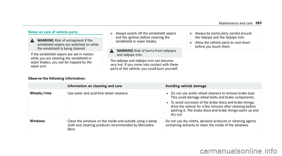 MERCEDES-BENZ S CLASS 2018  Owners Manual Note s on care of ve hicle parts
�q
WA RNING Risk of entrapment if th e
windshield wipers are swit ch ed on while
th e windshield is being cleaned
If th e windshield wipers are set in motion
while yo 