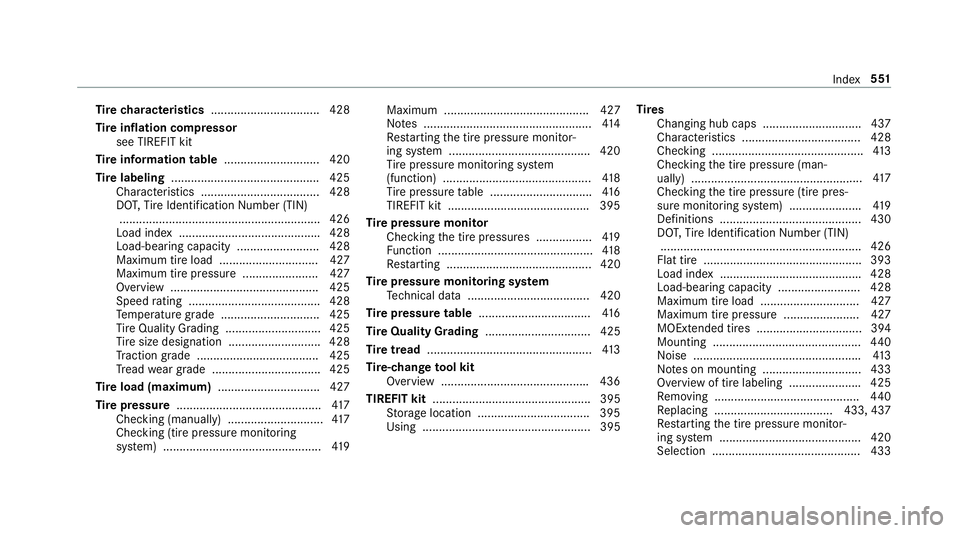 MERCEDES-BENZ S CLASS 2018 Owners Manual Ti re ch aracteristics ................................. 428
Ti re inflation compressor
see TIREFIT kit
Ti re information table ............................ .4 20
Ti re labeling ...................... MERCEDES-BENZ S CLASS 2018 Owners Manual Ti re ch aracteristics ................................. 428
Ti re inflation compressor
see TIREFIT kit
Ti re information table ............................ .4 20
Ti re labeling ......................