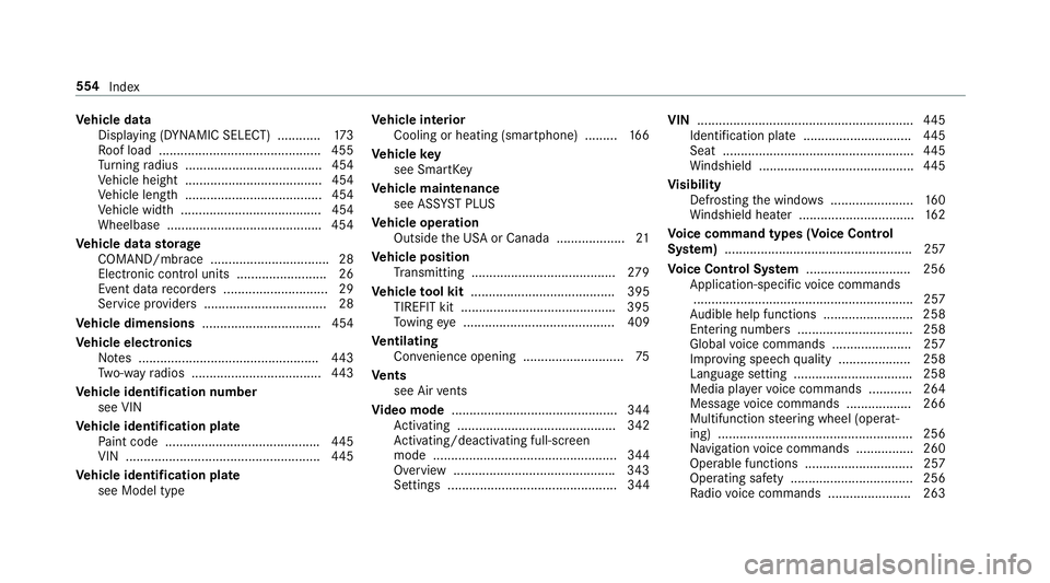 MERCEDES-BENZ S CLASS 2018 Owners Manual Ve hicle data
Displ ay ing (DYNAMIC SELECT) ............ 17 3
Ro of load ............................................. 455
Tu rn ing ra dius ...................................... 454
Ve hicle height MERCEDES-BENZ S CLASS 2018 Owners Manual Ve hicle data
Displ ay ing (DYNAMIC SELECT) ............ 17 3
Ro of load ............................................. 455
Tu rn ing ra dius ...................................... 454
Ve hicle height