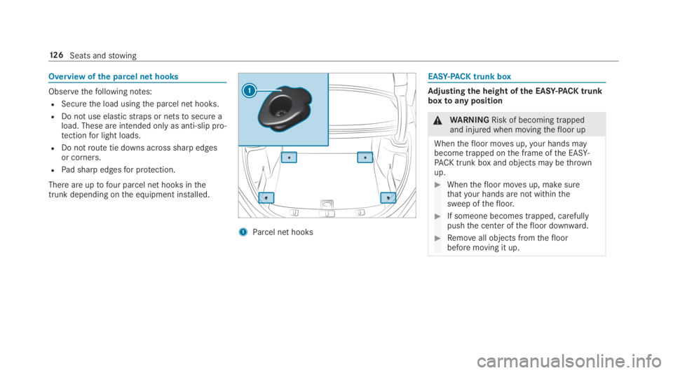 MERCEDES-BENZ S CLASS 2019 Owners Manual Overview ofthe parcel net hooks
Observethefollowing notes:
RSecurethe load usingthe parcel net hooks.
RDo not use elasticstraps or netstosecure aload. These are intended only as anti-slip pro‐tectio MERCEDES-BENZ S CLASS 2019 Owners Manual Overview ofthe parcel net hooks
Observethefollowing notes:
RSecurethe load usingthe parcel net hooks.
RDo not use elasticstraps or netstosecure aload. These are intended only as anti-slip pro‐tectio