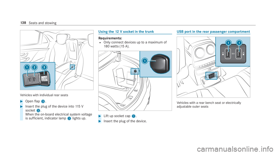 MERCEDES-BENZ S CLASS 2019 Owners Manual Vehicles with individualrear seats
#Openflap3.
#Insertthe plug ofthe device into115 Vsocket2.Whenthe on-board electrical systemvoltageis sufficient, indicator lamp1lights up.
Usingthe12V socketinthe t MERCEDES-BENZ S CLASS 2019 Owners Manual Vehicles with individualrear seats
#Openflap3.
#Insertthe plug ofthe device into115 Vsocket2.Whenthe on-board electrical systemvoltageis sufficient, indicator lamp1lights up.
Usingthe12V socketinthe t