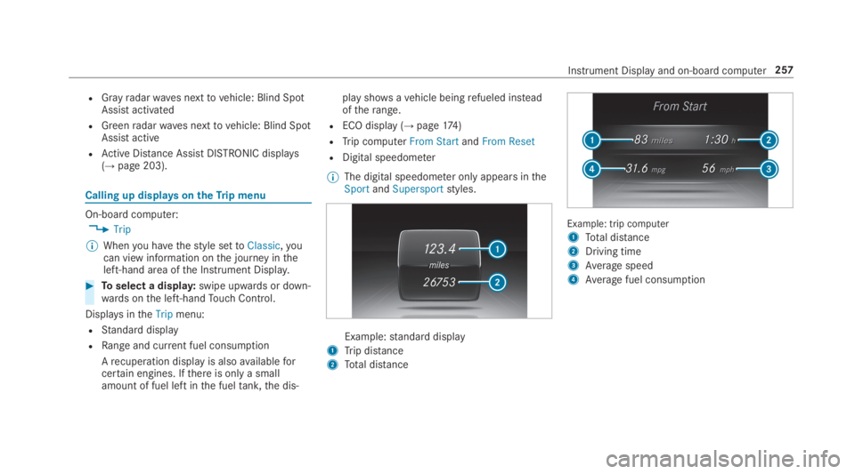 MERCEDES-BENZ S CLASS 2019 Owners Manual RGrayradarwaves nexttovehicle: Blind SpotAssist activated
RGreenradarwaves nexttovehicle: Blind SpotAssist active
RActive Distance AssistDISTRONIC displays(→page 203).
Calling up displaysontheTrip m MERCEDES-BENZ S CLASS 2019 Owners Manual RGrayradarwaves nexttovehicle: Blind SpotAssist activated
RGreenradarwaves nexttovehicle: Blind SpotAssist active
RActive Distance AssistDISTRONIC displays(→page 203).
Calling up displaysontheTrip m