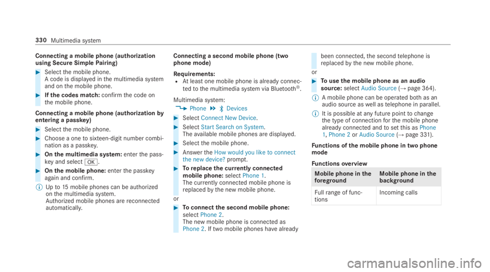 MERCEDES-BENZ S CLASS 2019  Owners Manual Connecting a mobile phone (authorizationusing Secure SimplePairing)
#Selectthe mobile phone.A code is displayed inthe multimedia systemand onthe mobile phone.
#Ifthe codes match:confirmthe code onthe 