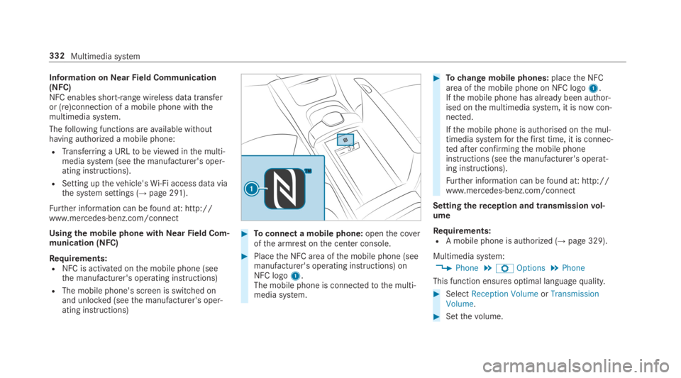 MERCEDES-BENZ S CLASS 2019  Owners Manual Information onNearField Communication(NFC)NFC enables short-range wireless data transferor (re)connection of a mobile phone withthemultimedia system.
Thefollowing functions areavailable withouthaving 