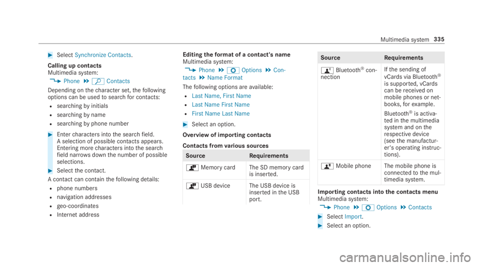 MERCEDES-BENZ S CLASS 2019  Owners Manual #SelectSynchronize Contacts.
Calling up contactsMultimedia system:
,Phone.ªContacts
Depending onthecharacter set,thefollowingoptions can be usedtosearchfor contacts:
Rsearchingbyinitials
Rsearchingby
