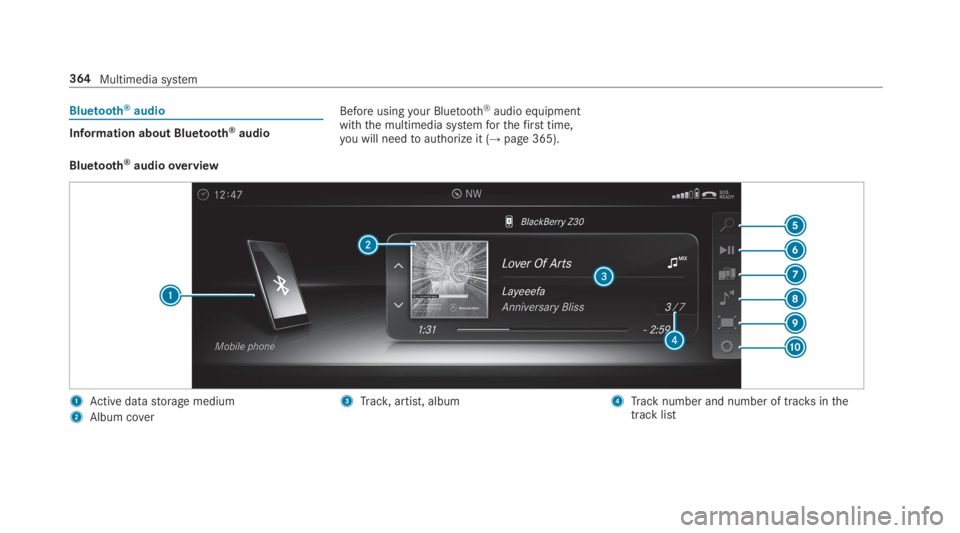 MERCEDES-BENZ S CLASS 2019  Owners Manual Bluetooth®audio
Information about Bluetooth®audio
Before usingyour Bluetooth®audio equipmentwiththe multimedia systemforthefirst time,you will needtoauthorize it (→page 365).
Bluetooth®audioover