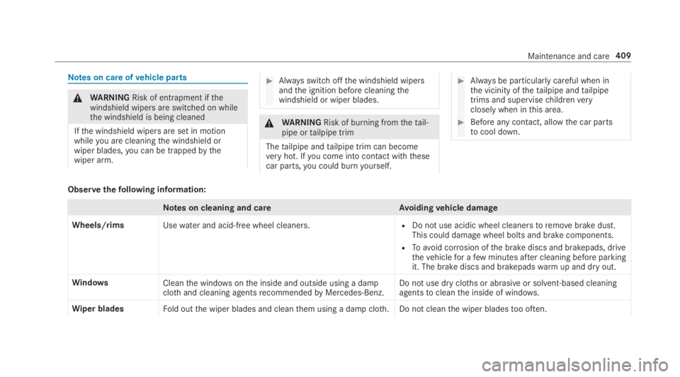 MERCEDES-BENZ S CLASS 2019 Owners Manual Notes on care ofvehicle parts
&WARNINGRisk of entrapment ifthewindshield wipers are switched on whilethe windshield is being cleaned
Ifthe windshield wipers are set in motionwhileyou are cleaningthe w MERCEDES-BENZ S CLASS 2019 Owners Manual Notes on care ofvehicle parts
&WARNINGRisk of entrapment ifthewindshield wipers are switched on whilethe windshield is being cleaned
Ifthe windshield wipers are set in motionwhileyou are cleaningthe w