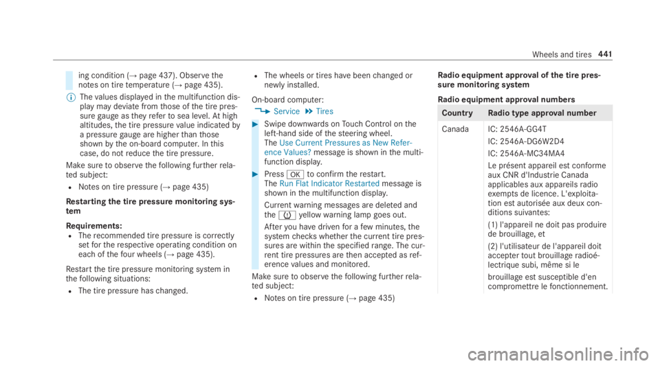 MERCEDES-BENZ S CLASS 2019  Owners Manual ing condition (→page 437). Observethenotes on tiretemperature (→page 435).
%Thevalues displayed inthe multifunction dis‐play may deviate fromthose ofthe tire pres‐suregauge astheyrefertosea le