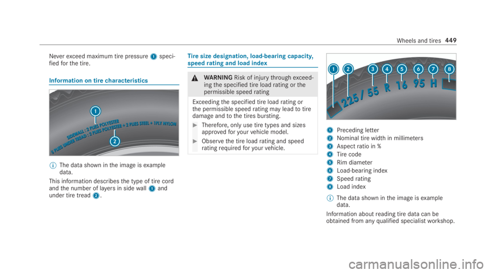 MERCEDES-BENZ S CLASS 2019  Owners Manual Neverexceed maximum tire pressure1speci‐fiedforthe tire.
Information on tirecharacteristics
%The data shown inthe image isexampledata.
This information describesthe type of tire cordandthe number of