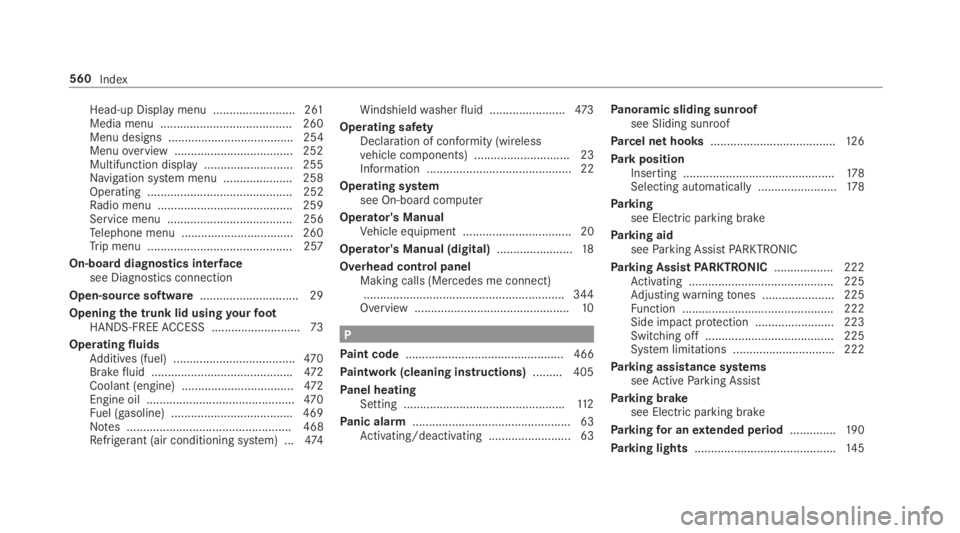 MERCEDES-BENZ S CLASS 2019  Owners Manual Head-up Display menu .........................261Media menu ........................................260Menu designs ...................................... 254Menuoverview .............................