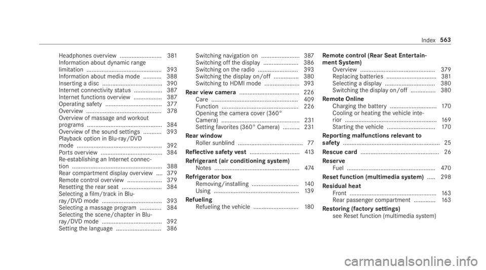 MERCEDES-BENZ S CLASS 2019  Owners Manual Headphonesoverview .........................381Information about dynamicrangelimitation ............................................. 393Information about media mode ........... 388Inserting a disc ..