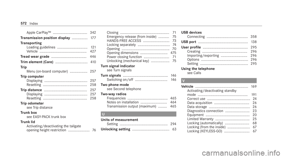 MERCEDES-BENZ S CLASS 2019 Owners Manual Apple CarPlay™ ................................... 342
Transmission position display................17 7
TransportingLoading guidelines ...............................121Vehicle .................... MERCEDES-BENZ S CLASS 2019 Owners Manual Apple CarPlay™ ................................... 342
Transmission position display................17 7
TransportingLoading guidelines ...............................121Vehicle ....................