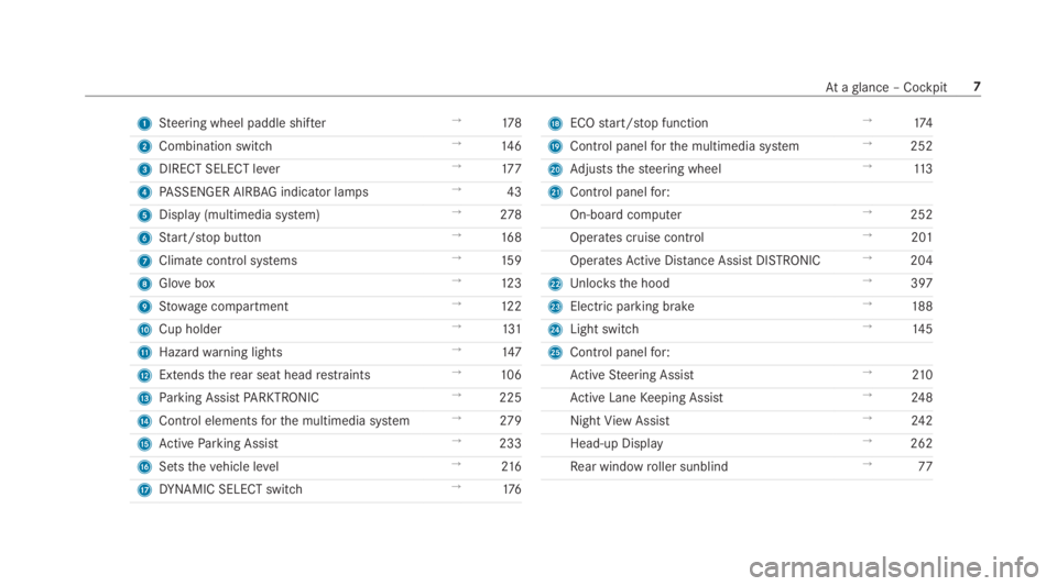 MERCEDES-BENZ S CLASS 2019  Owners Manual 1Steering wheel paddle shifter→178
2Combination switch→14 6
3DIRECT SELECT lever→17 7
4PASSENGER AIRBAGindicator lamps→43
5Display (multimedia system)→278
6Start/stop button→16 8
7Climate 