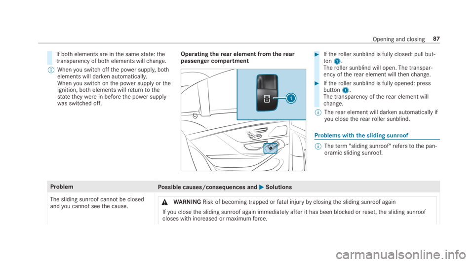 MERCEDES-BENZ S CLASS 2019 Manual Online If bothelements are inthe samestate:thetransparency of bothelements willchange.
%Whenyou switchoffthe power supply, bothelements will darken automatically.Whenyou switchonthe power supply ortheignitio