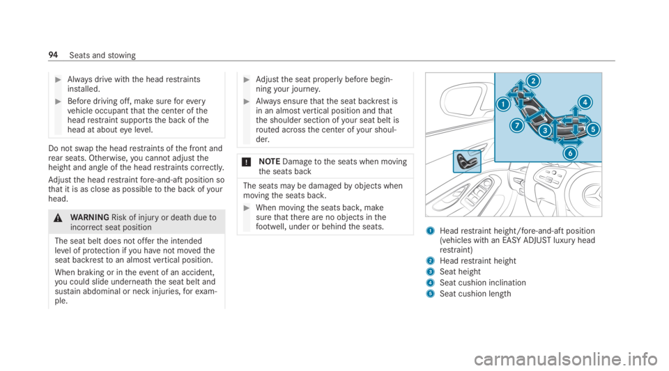 MERCEDES-BENZ S CLASS 2019  Owners Manual #Always drive withthe headrestraintsinstalled.
#Before driving off, make sureforeveryvehicle occupantthatthe center oftheheadrestraint supportsthe back ofthehead at abouteye level.
Do not swapthe head