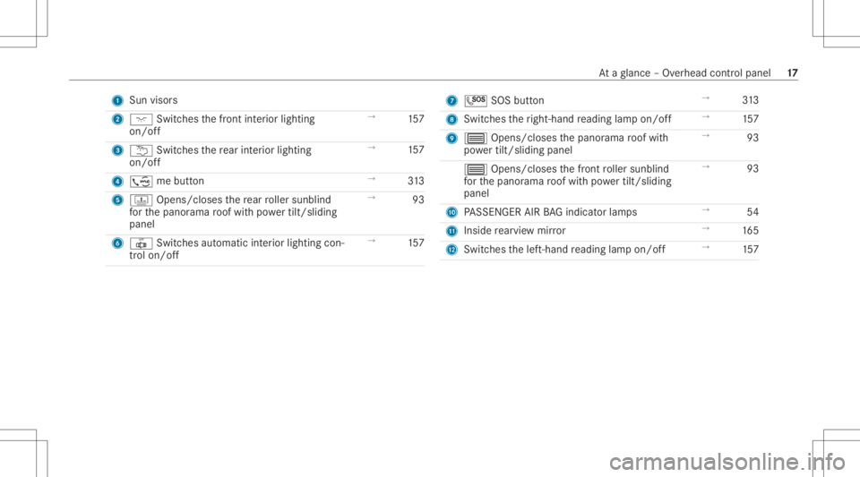 MERCEDES-BENZ S CLASS 2022 User Guide 1
Sun visors
2 004A Switches thefront interior lighting
on/ off →
157
3 0042 Switches there ar interior light ing
on /of f →
157
4 ; mebutt on →
313
5 D Opens/closes there ar roller sunblin d
fo MERCEDES-BENZ S CLASS 2022 User Guide 1
Sun visors
2 004A Switches thefront interior lighting
on/ off →
157
3 0042 Switches there ar interior light ing
on /of f →
157
4 ; mebutt on →
313
5 D Opens/closes there ar roller sunblin d
fo