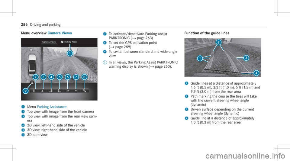 MERCEDES-BENZ S CLASS 2022 Owners Manual Menu
overview Camer aViews 1
Menu Parkin gAss istan ce
2 Topvie wwit himag efrom thefront camer a
3 Topvie wwit himag efrom there ar vie wcam ‐
er a
4 3Dview, left-hand sideoftheve hicle
5 3Dview, r MERCEDES-BENZ S CLASS 2022 Owners Manual Menu
overview Camer aViews 1
Menu Parkin gAss istan ce
2 Topvie wwit himag efrom thefront camer a
3 Topvie wwit himag efrom there ar vie wcam ‐
er a
4 3Dview, left-hand sideoftheve hicle
5 3Dview, r