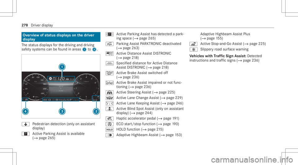 MERCEDES-BENZ S CLASS 2022 Owners Manual Ov
ervie wof status displa yson thedr iver
disp lay
The status displa ysforth edr iving anddriving
saf etysy stems canbefound inareas 1to4 . Y
Pedes trian detection (onlyonass ista nt
di spl ay)
Ç Ac MERCEDES-BENZ S CLASS 2022 Owners Manual Ov
ervie wof status displa yson thedr iver
disp lay
The status displa ysforth edr iving anddriving
saf etysy stems canbefound inareas 1to4 . Y
Pedes trian detection (onlyonass ista nt
di spl ay)
Ç Ac