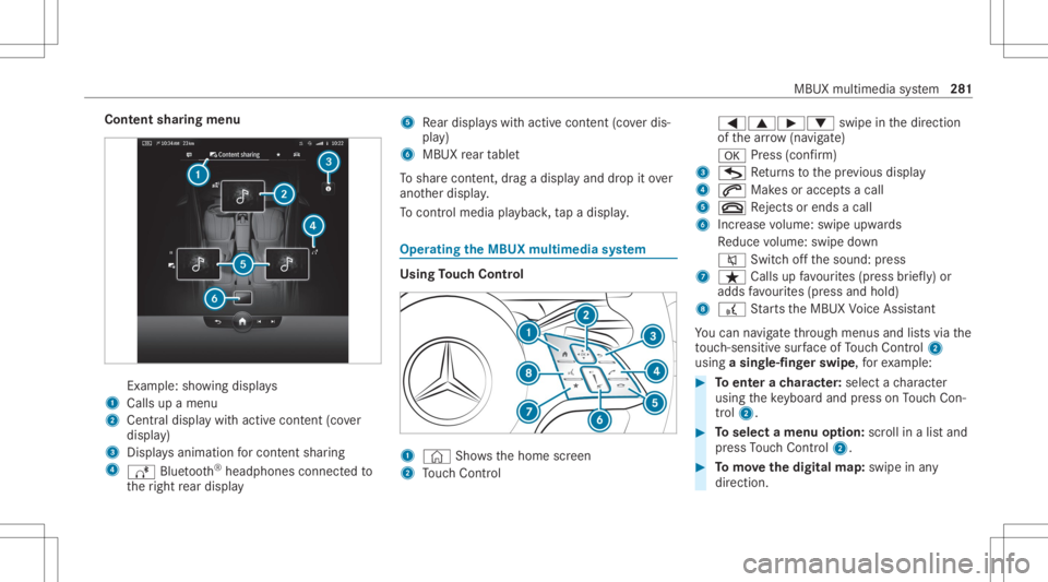MERCEDES-BENZ S CLASS 2022 Owners Manual Cont
entsharing menu Ex
am ple: showing displa ys
1 Calls upamen u
2 Centraldispl aywit hact ive con tent (co ver
displa y)
3 Displa ysanim ationfo rcont entshar ing
4 Ä Bluetooth®
headphones connec MERCEDES-BENZ S CLASS 2022 Owners Manual Cont
entsharing menu Ex
am ple: showing displa ys
1 Calls upamen u
2 Centraldispl aywit hact ive con tent (co ver
displa y)
3 Displa ysanim ationfo rcont entshar ing
4 Ä Bluetooth®
headphones connec