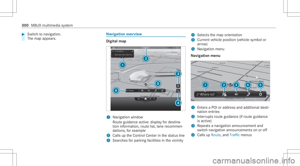 MERCEDES-BENZ S CLASS 2022 Owners Manual #
Swi tchto navig ation.
The mapap pe ars. Na
vig ation overview Digital
map 1
Navig ation windo w
Ro uteguidan ceact ive: displ ayfordes tina‐
tion information, routelis t,lane recomme n‐
da tion MERCEDES-BENZ S CLASS 2022 Owners Manual #
Swi tchto navig ation.
The mapap pe ars. Na
vig ation overview Digital
map 1
Navig ation windo w
Ro uteguidan ceact ive: displ ayfordes tina‐
tion information, routelis t,lane recomme n‐
da tion