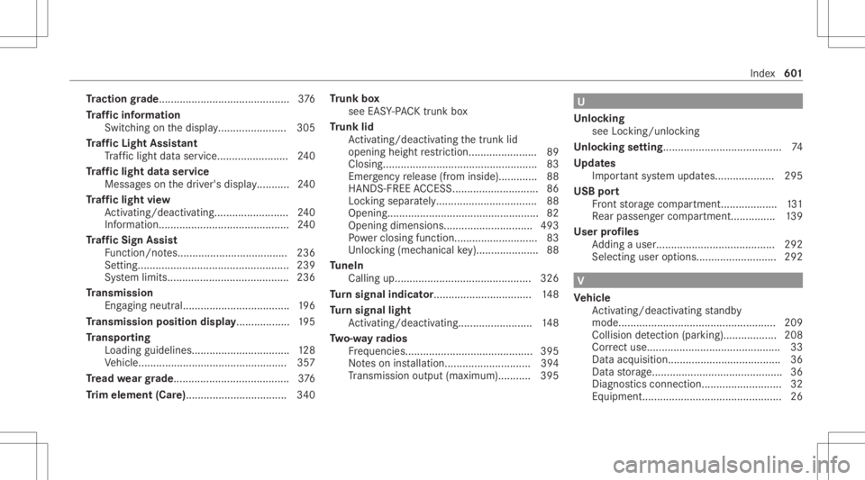 MERCEDES-BENZ S CLASS 2022  Owners Manual Tr
actio ngr ade ....... .....................................376
Tr af fic inf orma tion
Swit ching onthedispla y.................. ..... 305
Tr af fic Light Assistant
Tr af fic light data ser vice. 