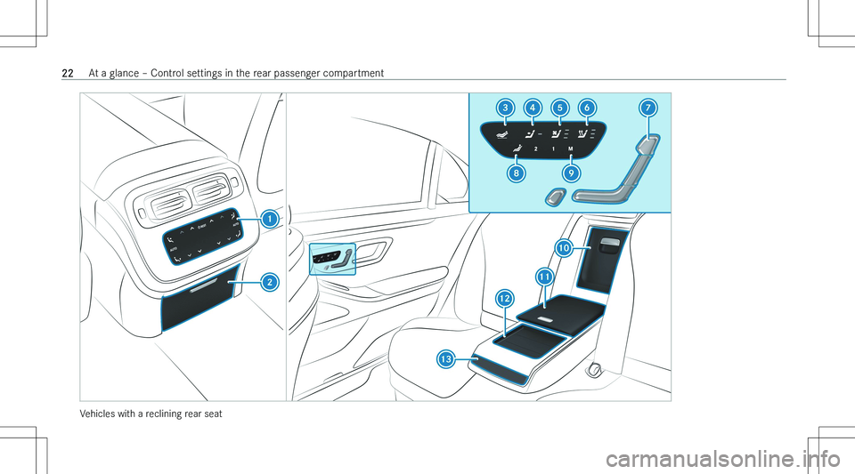 MERCEDES-BENZ S CLASS 2023 Owners Manual �V�e�h�i�c�l�e�s� �w�i�t�h� �a� �r�e�c�l�i�n�i�n�g� �r�e�a�r� �s�e�a�t
�2�2�A�t� �a� �g�l�a�n�c�e� !
