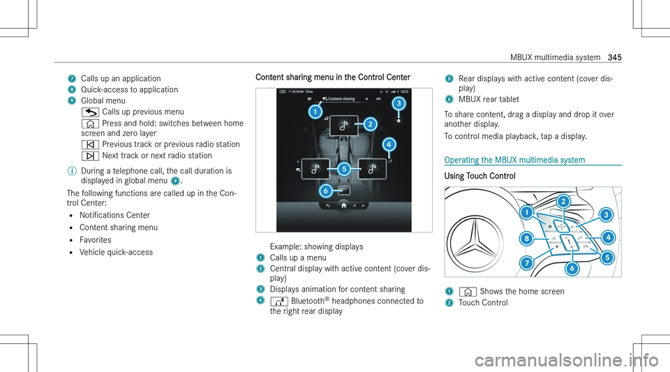 MERCEDES-BENZ S CLASS 2023  Owners Manual �7�C�a�l�l�s� �u�p� �a�n� �a�p�p�l�i�c�a�t�i�o�n�8�Q�u�i�c�k�-�a�c�c�e�s�s� �t�o� �a�p�p�l�i�c�a�t�i�o�n�9�G�l�o�b�a�l� �m�e�n�u�G� �C�a�l�l�s� �u�p� �p�r�e�v�i�o�u�s� �m�e�n�u�©� �P�r�e�s�s� �a�n�d�