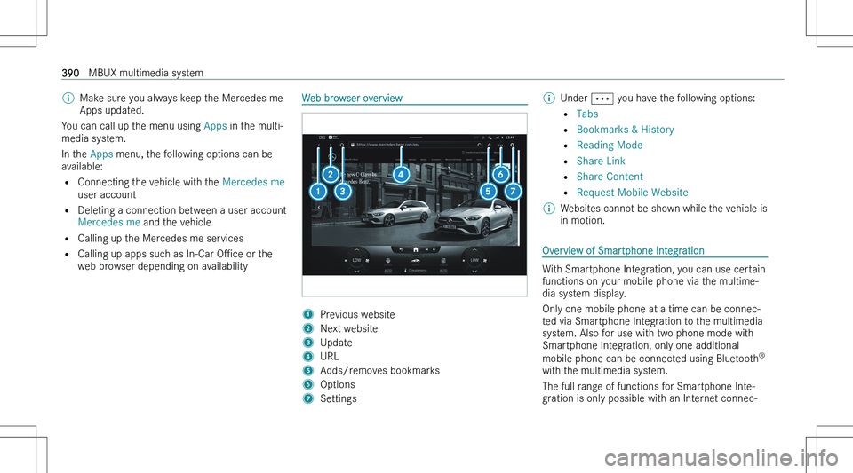MERCEDES-BENZ S CLASS 2023  Owners Manual �\b�M�a�k�e� �s�u�r�e� �y�o�u� �a�l�w�a�y�s� �k�e�e�p� �t�h�e� �M�e�r�c�e�d�e�s� �m�e
�A�p�p�s� �u�p�d�a�t�e�d�.
�Y�o�u� �c�a�n� �c�a�l�l� �u�p� �t�h�e� �m�e�n�u� �u�s�i�n�g�  �A�p�p�s� �i�n� �t�h�e� 