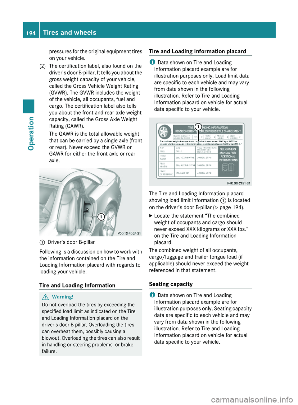 MERCEDES-BENZ SL CLASS 2011 Owners Manual pressures for the original equipment tires
on your vehicle.
(2)The certification label, also found on the
driver’s door B-pillar. It tells you about the
gross weight capacity of your vehicle,
called MERCEDES-BENZ SL CLASS 2011 Owners Manual pressures for the original equipment tires
on your vehicle.
(2)The certification label, also found on the
driver’s door B-pillar. It tells you about the
gross weight capacity of your vehicle,
called