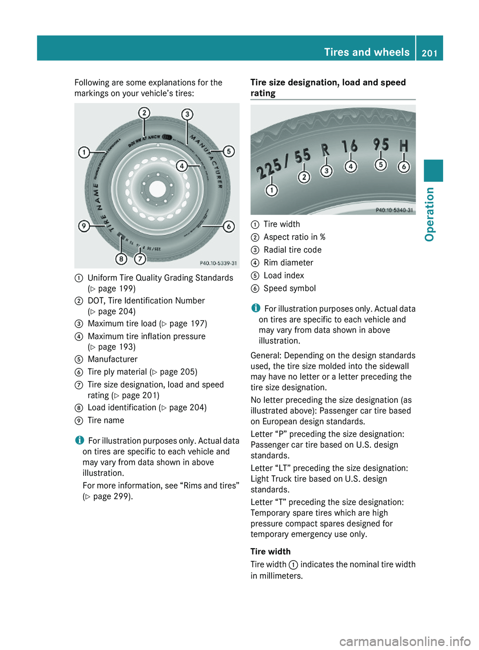 MERCEDES-BENZ SL CLASS 2011 Owners Manual Following are some explanations for the
markings on your vehicle’s tires:\000FUniform Tire Quality Grading Standards
(Y page 199)
\000GDOT, Tire Identification Number
(Y page 204)
\000 MERCEDES-BENZ SL CLASS 2011 Owners Manual Following are some explanations for the
markings on your vehicle’s tires:\000FUniform Tire Quality Grading Standards
(Y page 199)
\000GDOT, Tire Identification Number
(Y page 204)
\000