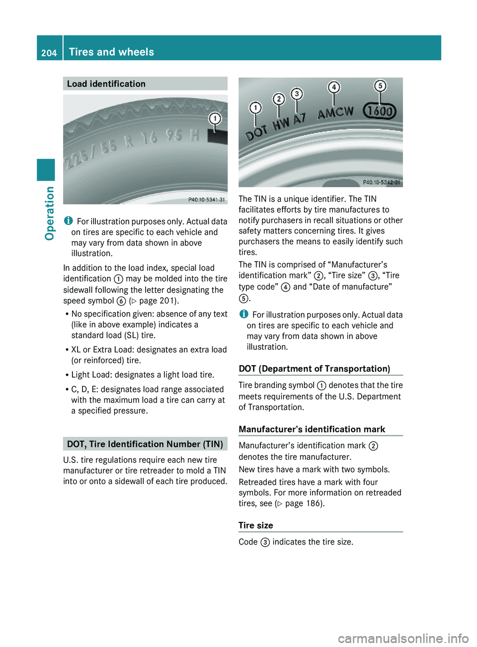 MERCEDES-BENZ SL CLASS 2011 Owners Manual Load identification
iFor illustration purposes only. Actual data
on tires are specific to each vehicle and
may vary from data shown in above
illustration.
In addition to the load index, special load
i MERCEDES-BENZ SL CLASS 2011 Owners Manual Load identification
iFor illustration purposes only. Actual data
on tires are specific to each vehicle and
may vary from data shown in above
illustration.
In addition to the load index, special load
i