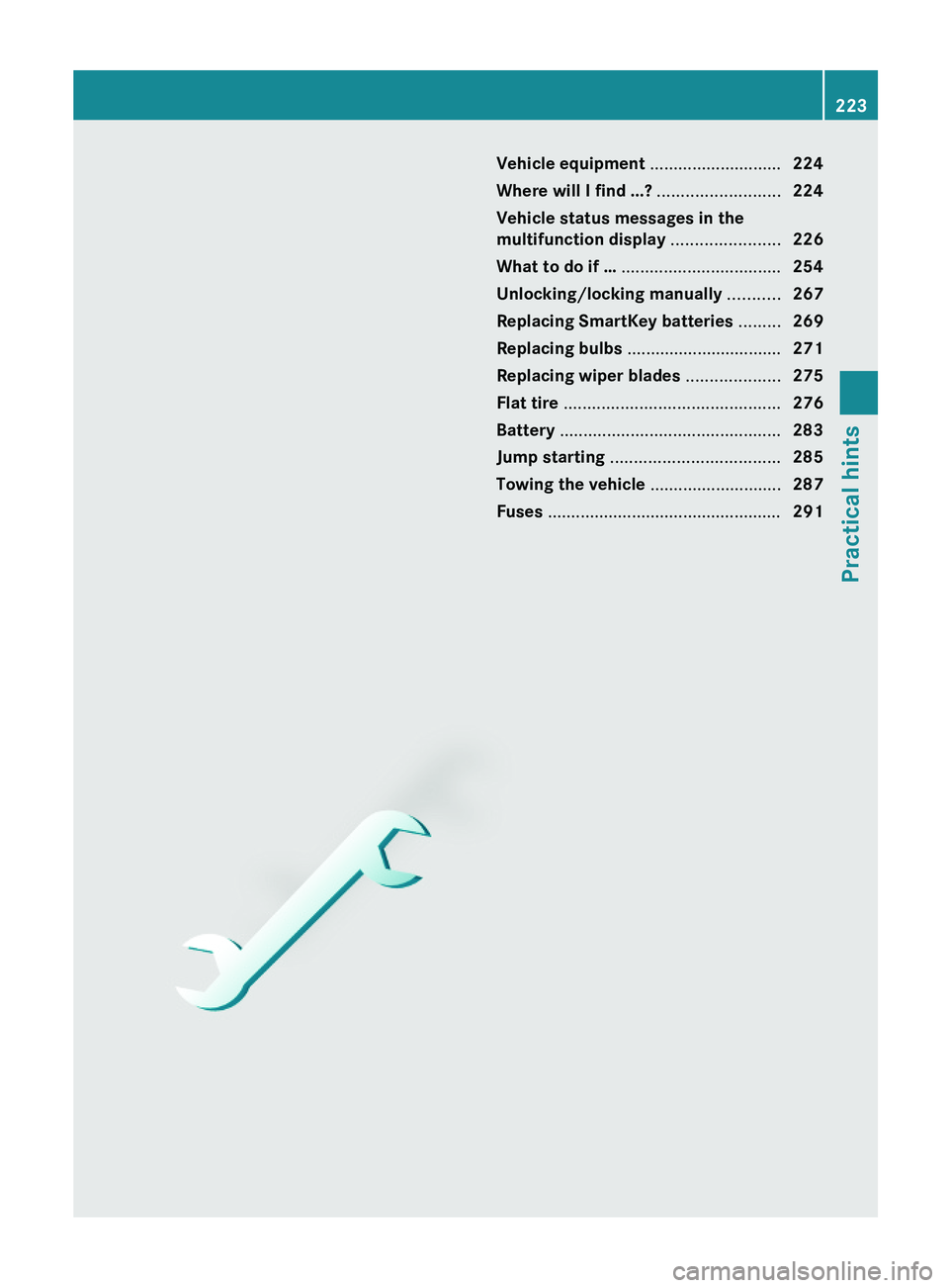 MERCEDES-BENZ SL CLASS 2011  Owners Manual Vehicle equipment ............................224
Where will I find ...? ..........................224
Vehicle status messages in the
multifunction display .......................226
What to do if …