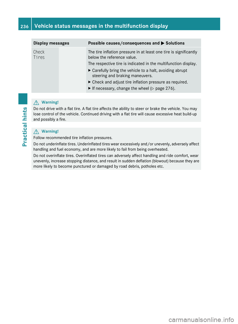 MERCEDES-BENZ SL CLASS 2011 Owners Manual Display messagesPossible causes/consequences and 0050 SolutionsCheck
TiresThe tire inflation pressure in at least one tire is significantly
below the reference value.
The respective tire is indicated MERCEDES-BENZ SL CLASS 2011 Owners Manual Display messagesPossible causes/consequences and 0050 SolutionsCheck
TiresThe tire inflation pressure in at least one tire is significantly
below the reference value.
The respective tire is indicated