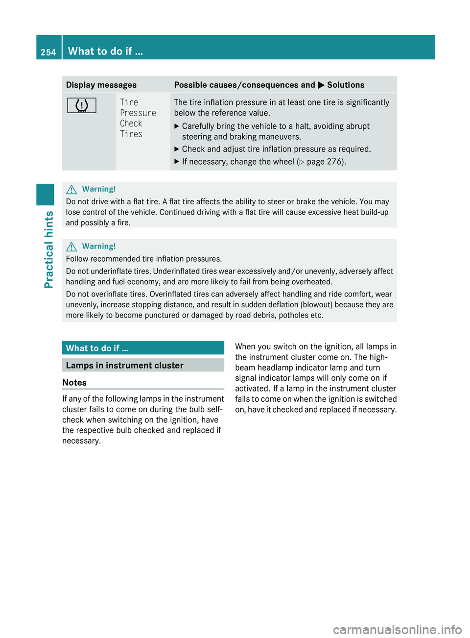 MERCEDES-BENZ SL CLASS 2011 Owners Manual Display messagesPossible causes/consequences and 0050 Solutions0077Tire
Pressure
Check
TiresThe tire inflation pressure in at least one tire is significantly
below the reference value.XCarefully br MERCEDES-BENZ SL CLASS 2011 Owners Manual Display messagesPossible causes/consequences and 0050 Solutions0077Tire
Pressure
Check
TiresThe tire inflation pressure in at least one tire is significantly
below the reference value.XCarefully br