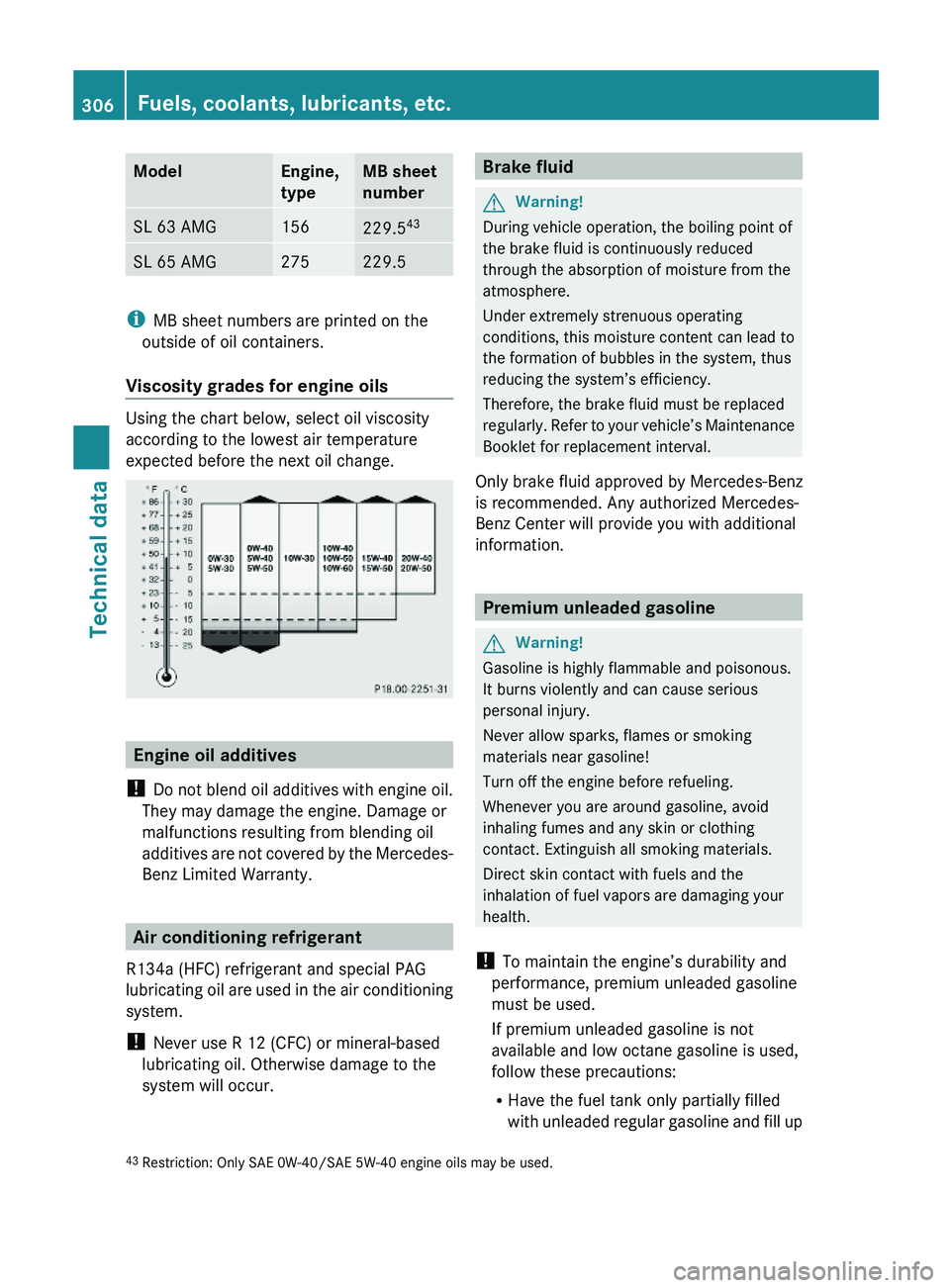 MERCEDES-BENZ SL CLASS 2011 Owners Manual ModelEngine,
type
MB sheet
number
SL 63 AMG156229.543SL 65 AMG275229.5
iMB sheet numbers are printed on the
outside of oil containers.
Viscosity grades for engine oils
Using the chart below, select oi MERCEDES-BENZ SL CLASS 2011 Owners Manual ModelEngine,
type
MB sheet
number
SL 63 AMG156229.543SL 65 AMG275229.5
iMB sheet numbers are printed on the
outside of oil containers.
Viscosity grades for engine oils
Using the chart below, select oi