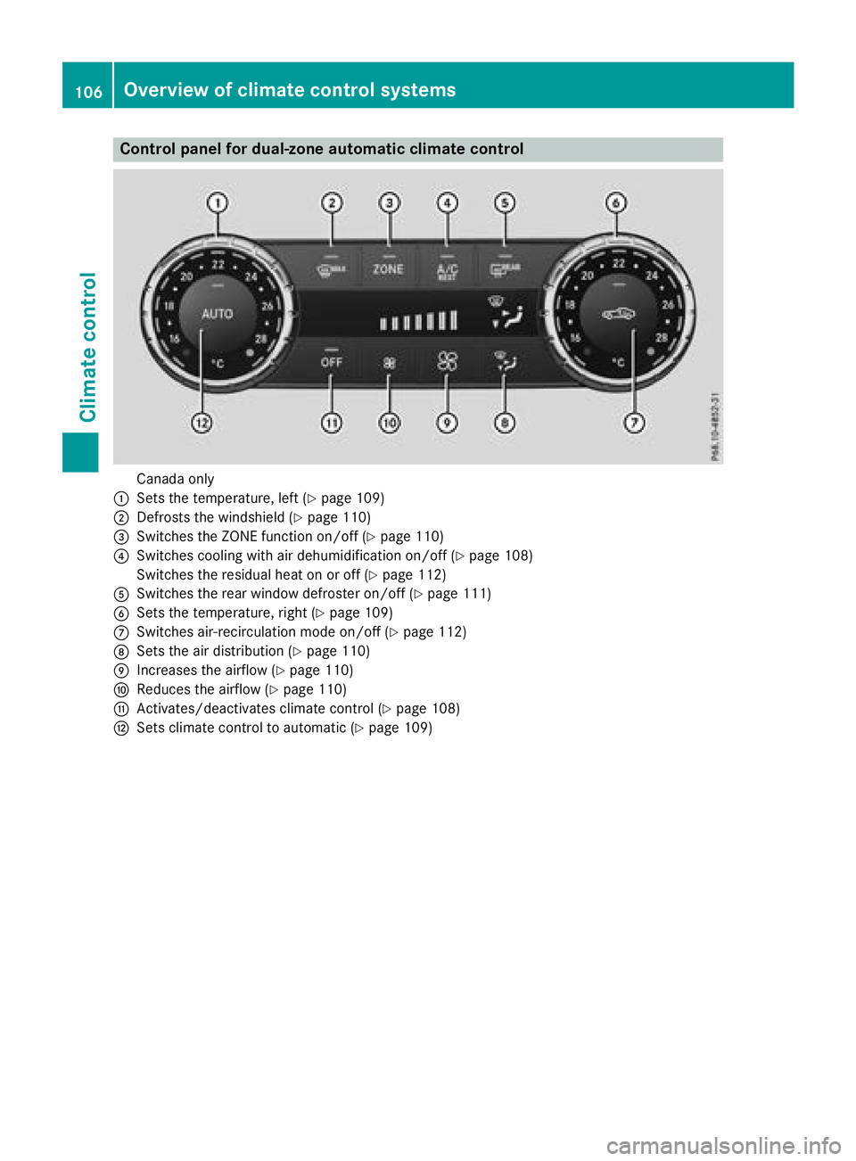 MERCEDES-BENZ SL CLASS 2018  Owners Manual Control panel for dual-zone automatic climat ec ontrol
Canad ao nl y�C
Set st he temperature, left ( Y
page 109)�D
Defrost st he windshield ( Y
page 110)�