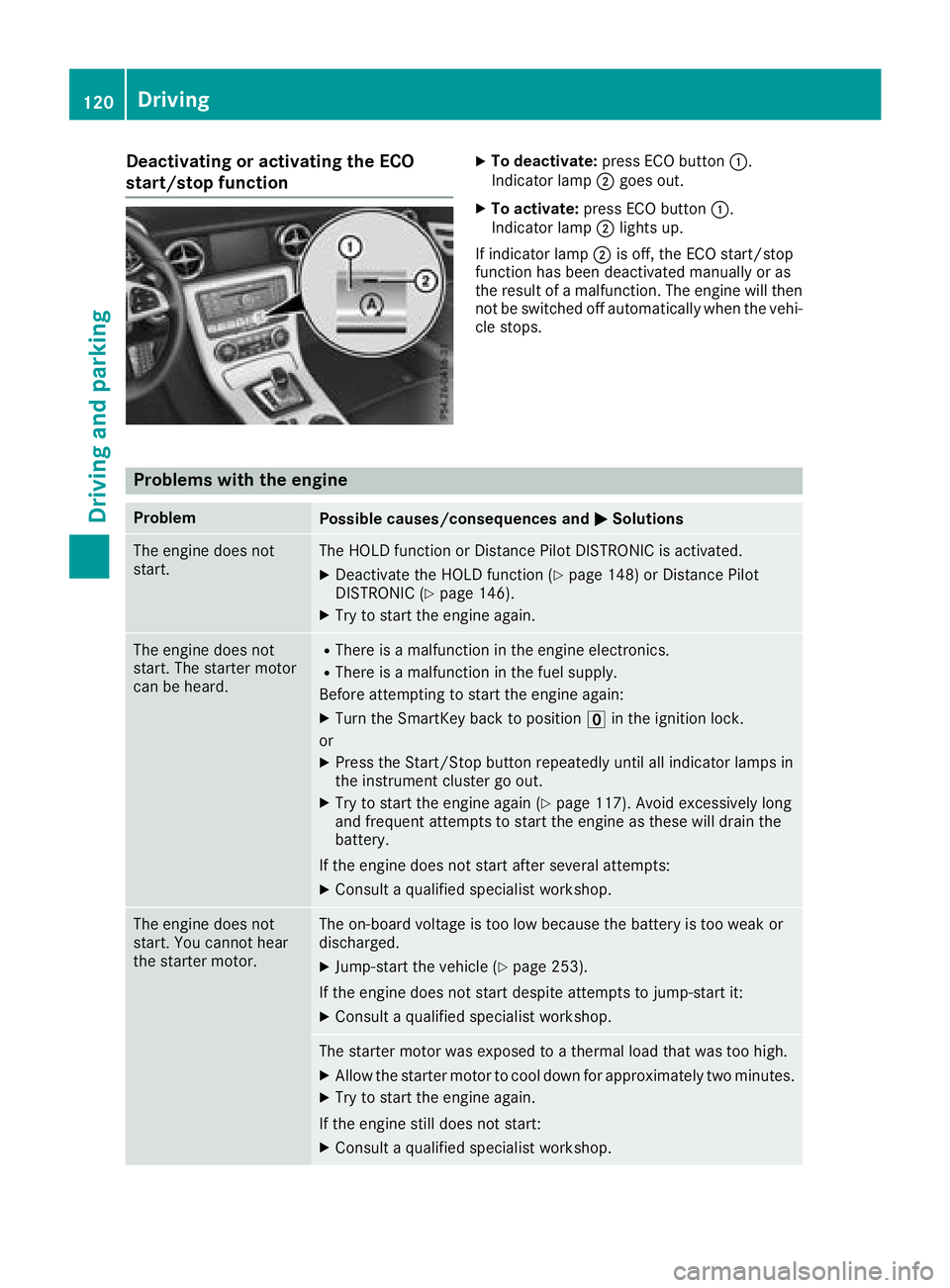 MERCEDES-BENZ SL CLASS 2018  Owners Manual Deactivating or activating th eE CO
start/stop function X
To deactivate : press EC Ob utto n �C .
Indicator lamp �D goe so ut .X
To activate : press EC Ob utto n �C .
Indicator lamp �D lights up.
If i