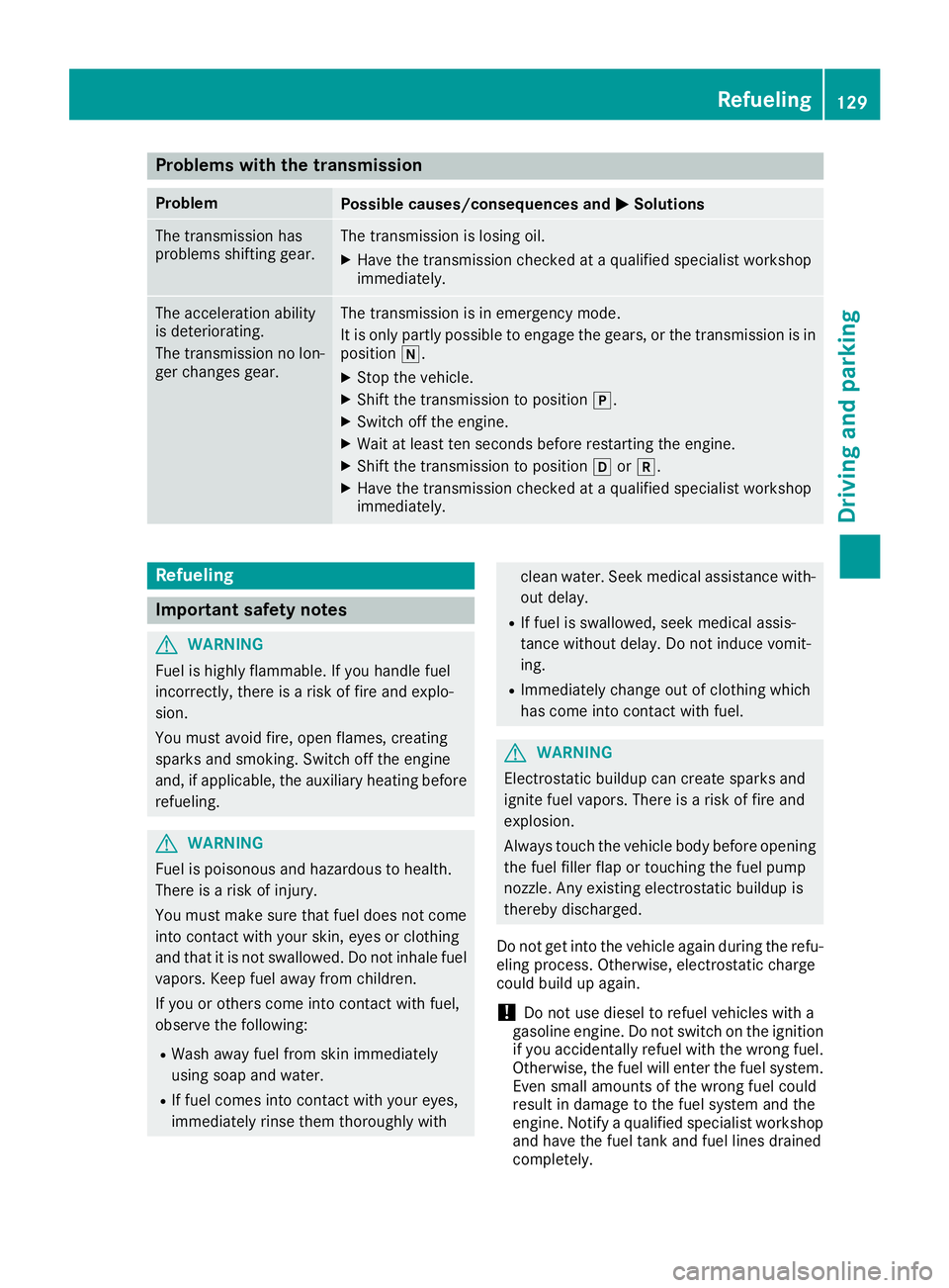 MERCEDES-BENZ SL CLASS 2018  Owners Manual Problems with the transmission Problem
Possible causes/consequences and �P Solutions
The transmission has
problems shifting gear. The transmission is losing oil. X
Have the transmission checked at aq 