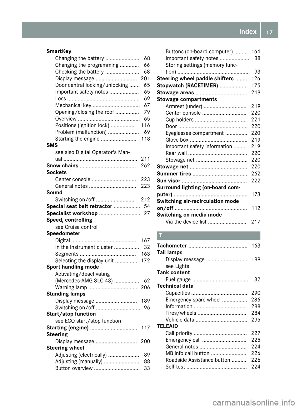 MERCEDES-BENZ SL CLASS 2018 User Guide SmartKey
Changing the battery ....................... 68
Changing the programming ............ .6 6
Checkin gt he battery ...................... .6 8
Display message ............................ 201
D