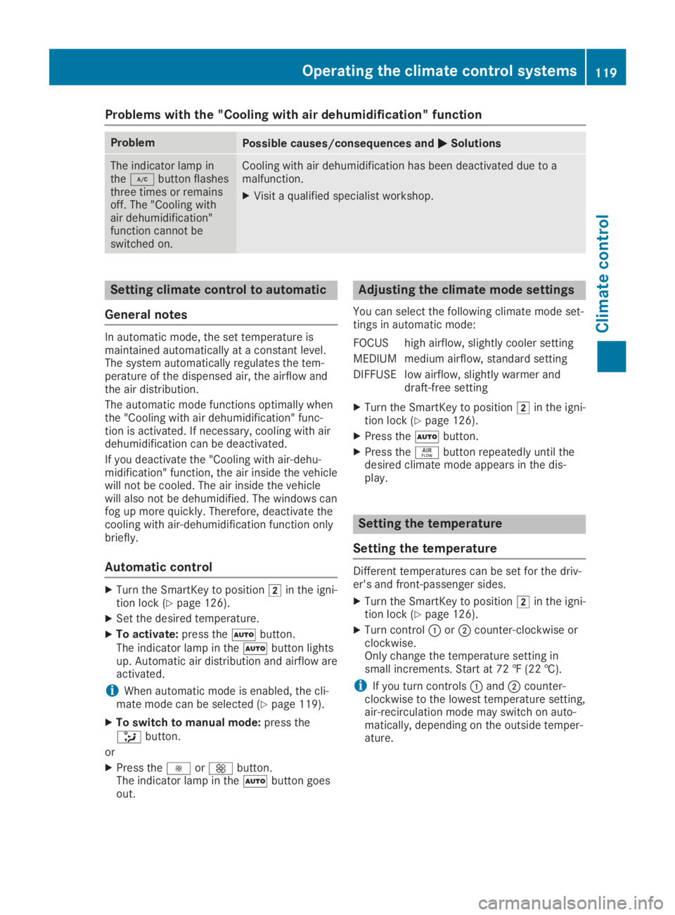 MERCEDES-BENZ SL CLASS 2019  Owners Manual Problems with the "Cooling with air dehumidification" function
ProblemPossible causes/consequences and�P�PSolutions
The indicator lamp inthe�Zbutton flashesthree times or remainsoff. The "