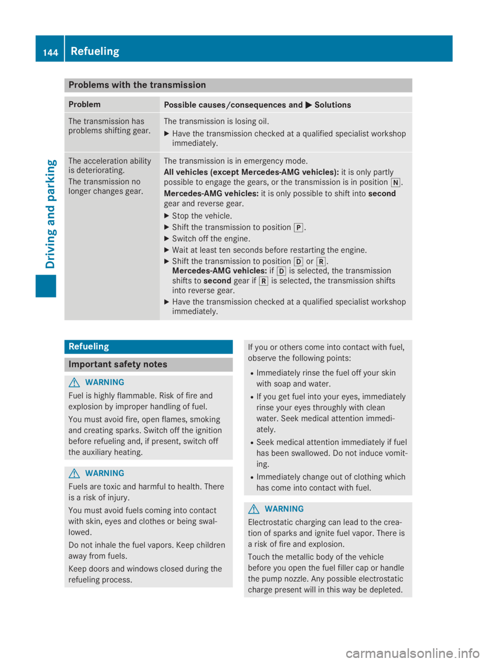 MERCEDES-BENZ SL CLASS 2019  Owners Manual Problems with the transmission
ProblemPossible causes/consequences and�P�PSolutions
The transmission hasproblems shifting gear.The transmission is losing oil.
XHave the transmission checked at a quali