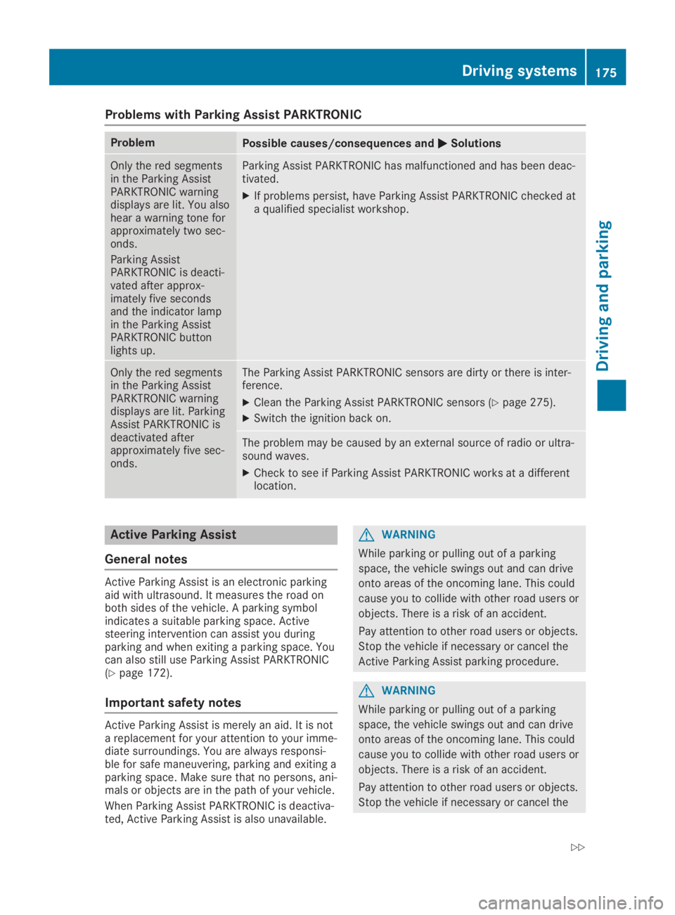 MERCEDES-BENZ SL CLASS 2019  Owners Manual Problems with Parking Assist PARKTRONIC
ProblemPossible causes/consequences and�P�PSolutions
Only the red segmentsin the Parking AssistPARKTRONIC warningdisplays are lit. You alsohear a warning tone f