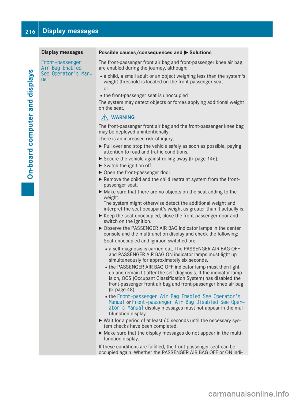 MERCEDES-BENZ SL CLASS 2019  Owners Manual Display messagesPossible causes/consequences and�P�PSolutions
Front-passengerFront-passengerAir Bag EnabledAir Bag EnabledSee Operator's Man‐See Operator's Man‐ualual
The front-passenger f
