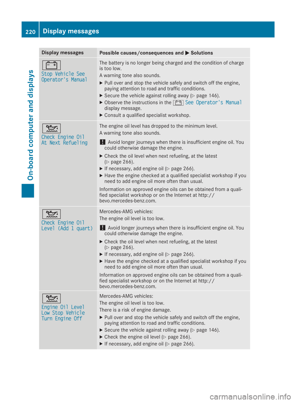MERCEDES-BENZ SL CLASS 2019  Owners Manual Display messagesPossible causes/consequences and�P�PSolutions
�=
Stop Vehicle SeeStop Vehicle SeeOperator's ManualOperator's Manual
The battery is no longer being charged and the condition of 