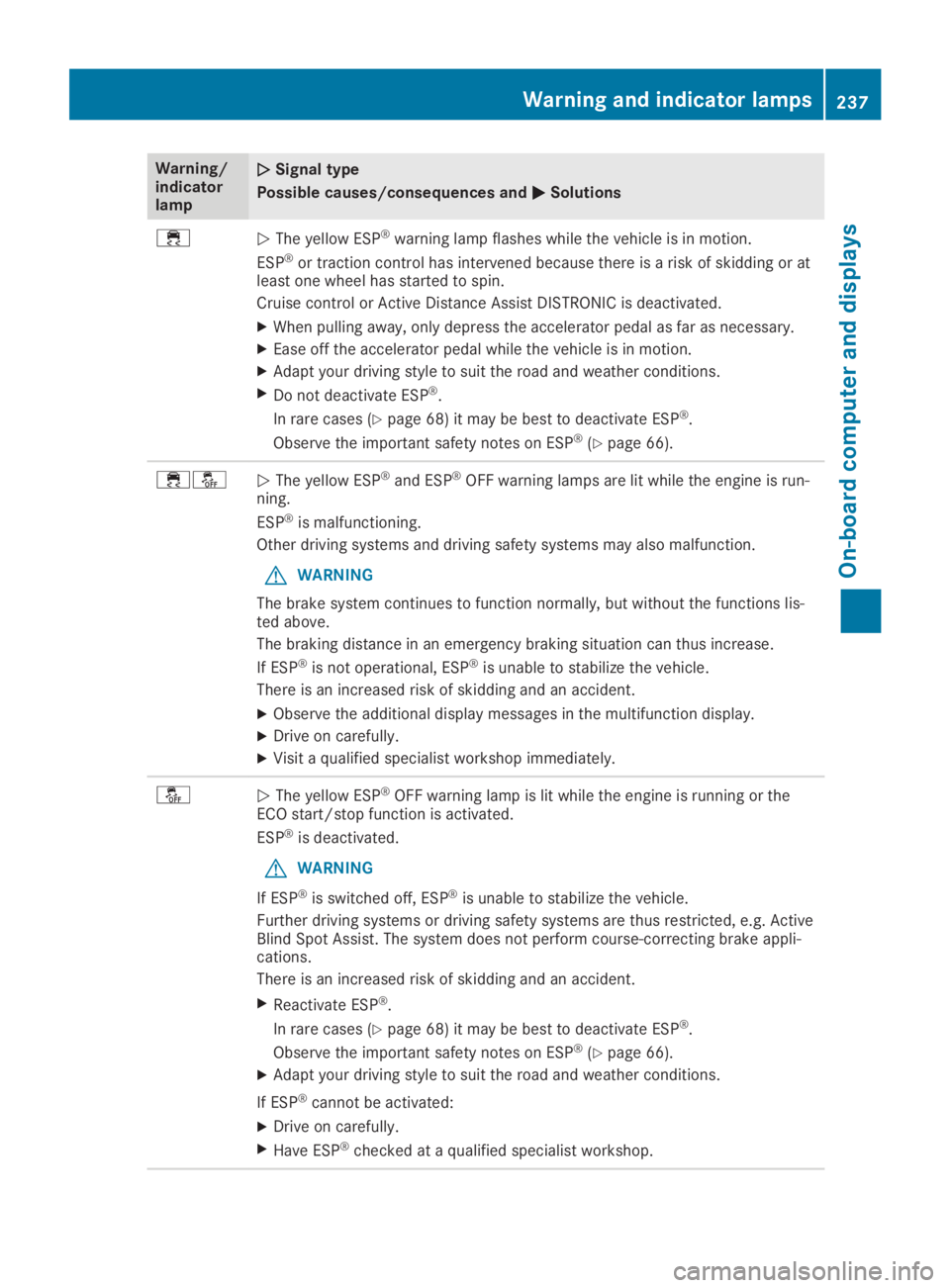 MERCEDES-BENZ SL CLASS 2019  Owners Manual Warning/indicatorlamp
�Q�QSignal type
Possible causes/consequences and�P�PSolutions
�