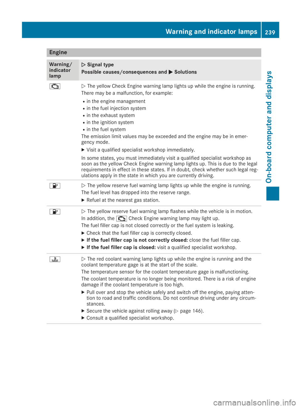 MERCEDES-BENZ SL CLASS 2019  Owners Manual Engine
Warning/indicatorlamp
�Q�QSignal type
Possible causes/consequences and�P�PSolutions
�