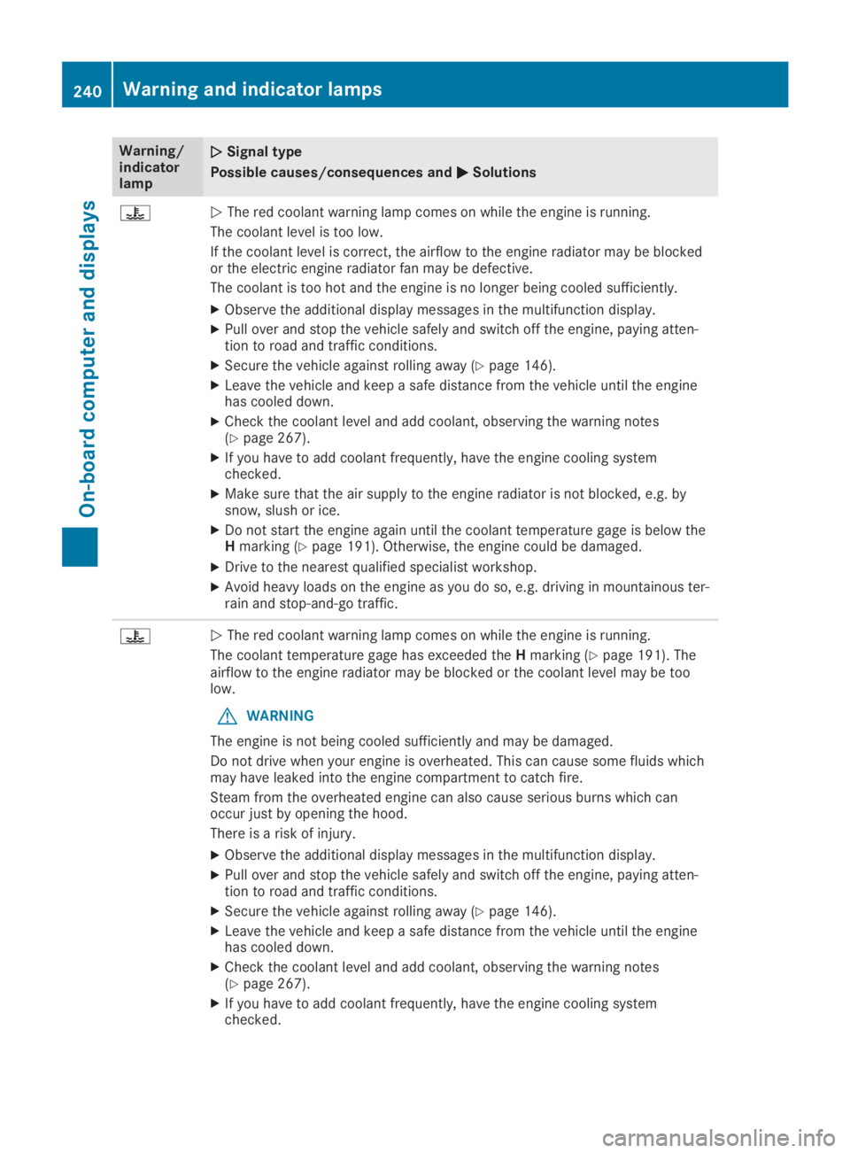 MERCEDES-BENZ SL CLASS 2019  Owners Manual Warning/indicatorlamp
�Q�QSignal type
Possible causes/consequences and�P�PSolutions
�