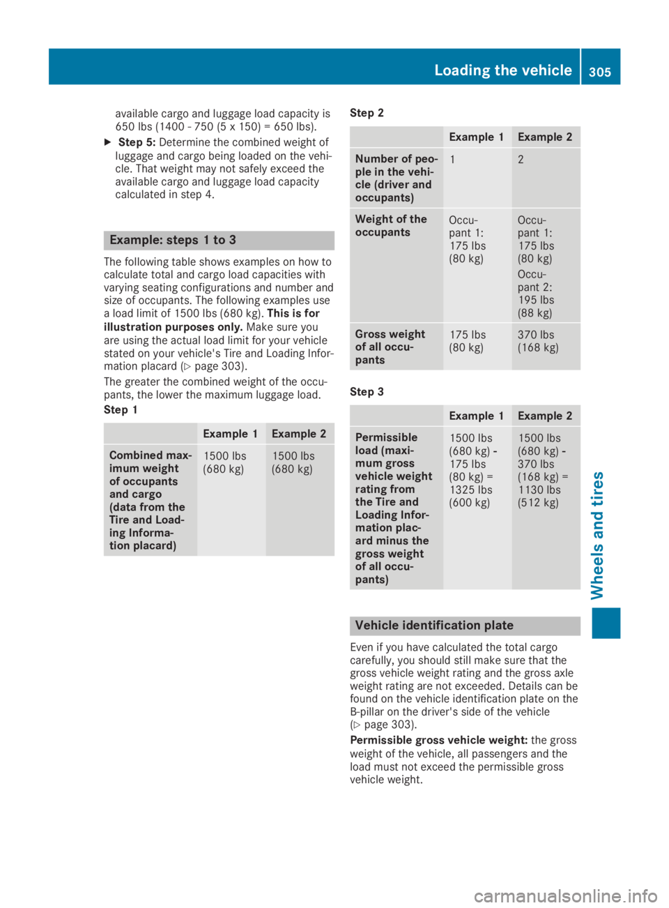 MERCEDES-BENZ SL CLASS 2019  Owners Manual available cargo and luggage load capacity is650 lbs (1400 - 750 (5 x 150) = 650 lbs).
XStep 5:Determine the combined weight ofluggage and cargo being loaded on the vehi-cle. That weight may not safely