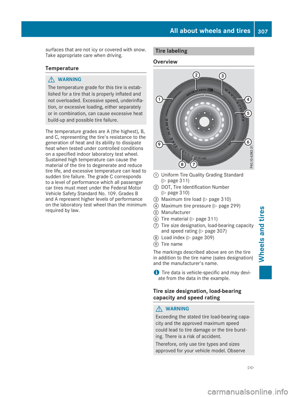 MERCEDES-BENZ SL CLASS 2019  Owners Manual surfaces that are not icy or covered with snow.Take appropriate care when driving.
Temperature
GWARNING
The temperature grade for this tire is estab-
lished for a tire that is properly inflated and
no