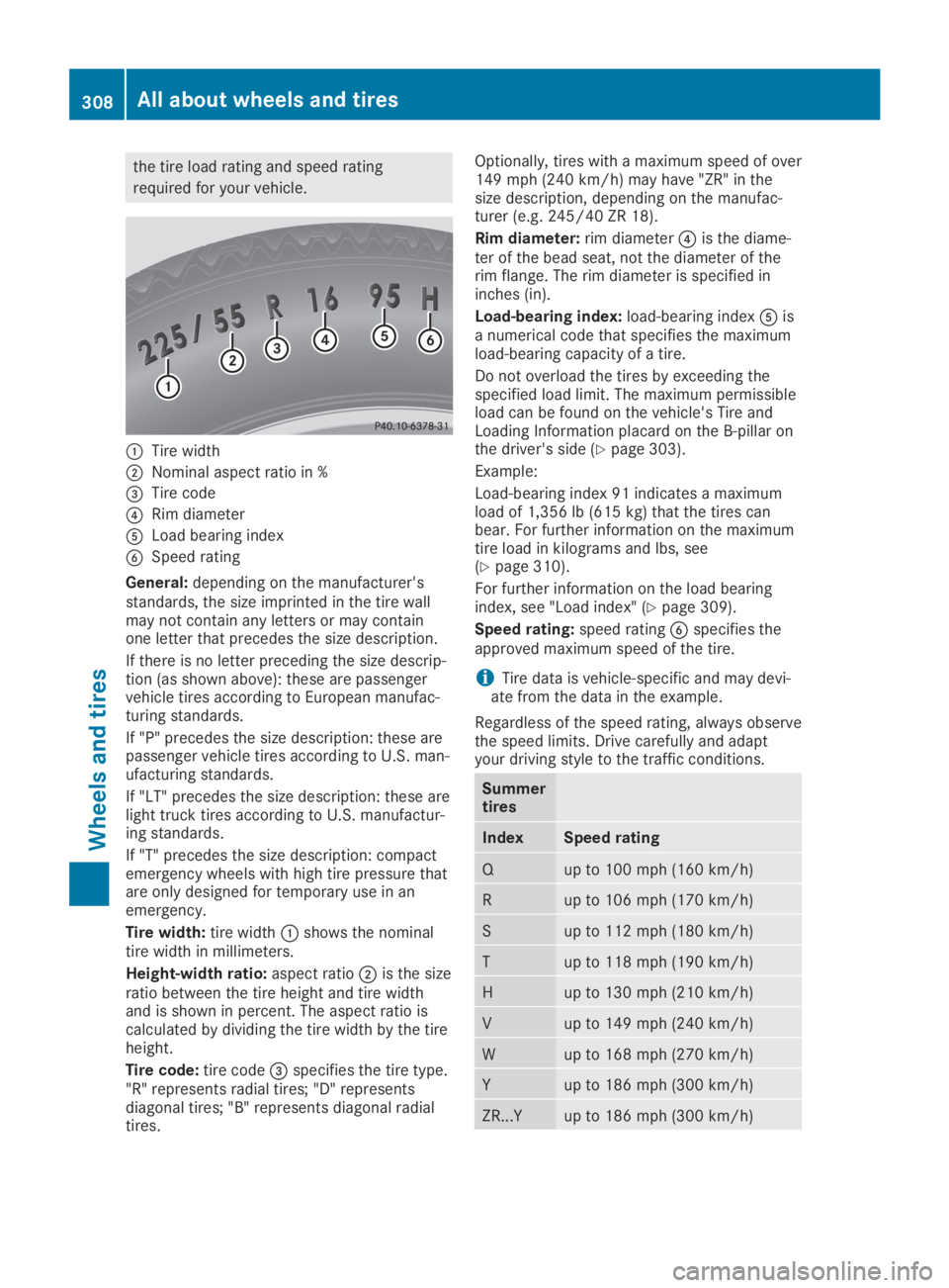 MERCEDES-BENZ SL CLASS 2019  Owners Manual the tire load rating and speed rating
required for your vehicle.
�CTire width
�DNominal aspect ratio in %
�